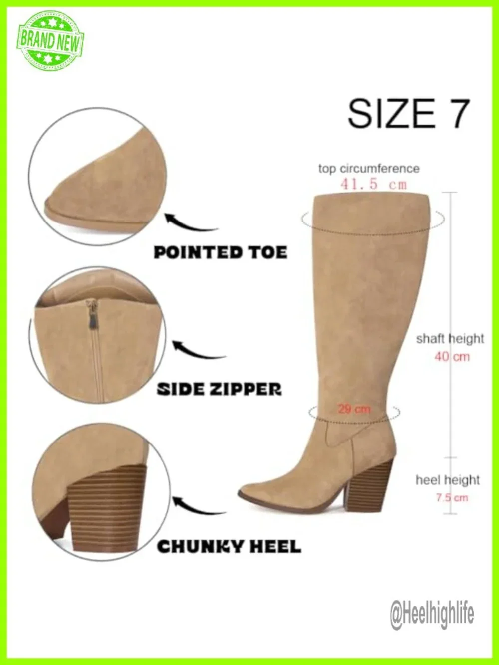 Knee High Boots Pointed Toe Suede Chunky Heel Faux Slouchy Side Zipper Tall